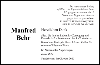 Todesanzeige von Manfred  Behr von saarbruecker_zeitung