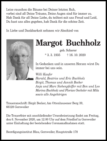 Todesanzeige von Margot Buchholz von saarbruecker_zeitung