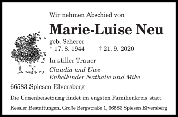 Todesanzeige von Marie-Luise Neu von saarbruecker_zeitung