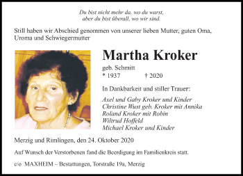 Todesanzeige von Martha Kroker von saarbruecker_zeitung
