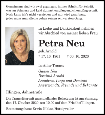 Todesanzeige von Petra Neu von saarbruecker_zeitung