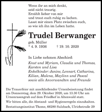 Todesanzeige von Trudel Berwanger von saarbruecker_zeitung