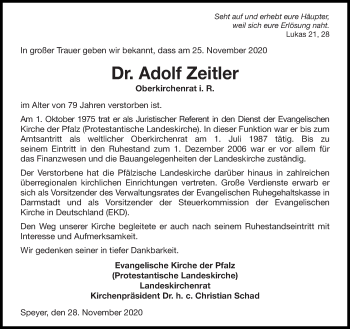 Todesanzeige von Adolf Zeitler von saarbruecker_zeitung