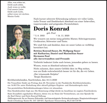 Todesanzeige von Doris Konrad von saarbruecker_zeitung