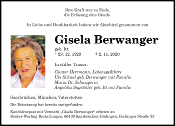 Todesanzeige von Gisela Berwanger von saarbruecker_zeitung