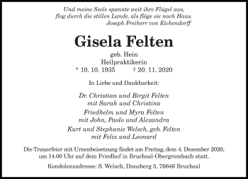 Todesanzeige von Gisela Felten von saarbruecker_zeitung