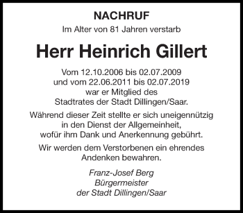 Todesanzeige von Heinrich Gillert von saarbruecker_zeitung