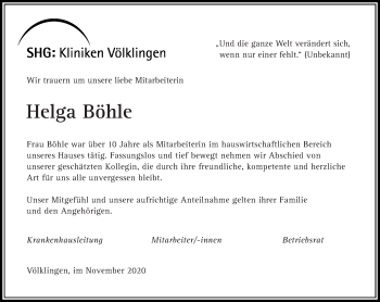 Todesanzeige von Helga Böhle von saarbruecker_zeitung