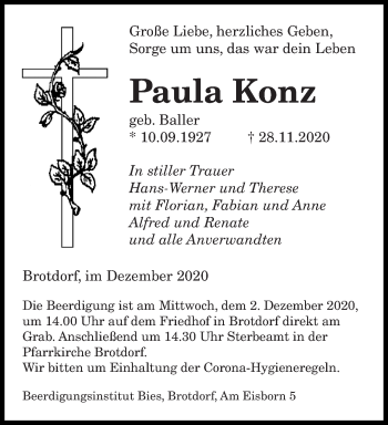 Todesanzeige von Paula Konz von saarbruecker_zeitung