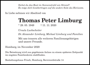 Todesanzeige von Thomas Peter Limburg von saarbruecker_zeitung