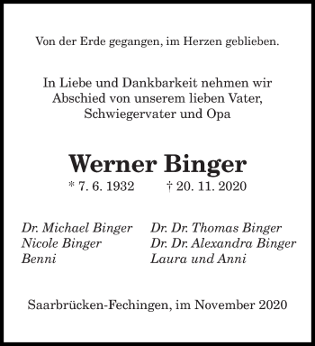 Todesanzeige von Werner Binger von saarbruecker_zeitung