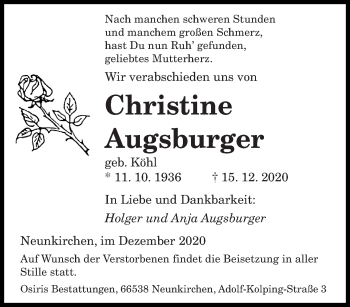 Todesanzeige von Christine Augsburger von saarbruecker_zeitung