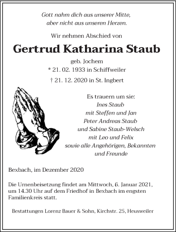 Todesanzeige von Gertrud Katharina Staub von saarbruecker_zeitung