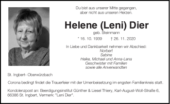 Todesanzeige von Helene Dier von saarbruecker_zeitung