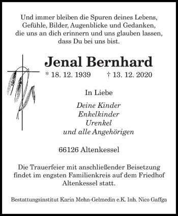 Todesanzeige von Jenal Bernhard von saarbruecker_zeitung