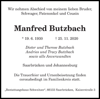 Todesanzeige von Manfred Butzbach von saarbruecker_zeitung