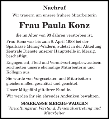 Todesanzeige von Paula Konz von saarbruecker_zeitung