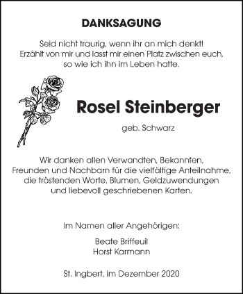 Todesanzeige von Rosel Steinberger von saarbruecker_zeitung