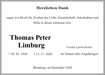 Todesanzeige von Thomas Peter Limburg von saarbruecker_zeitung