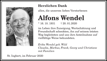 Todesanzeige von Alfons Wendel von saarbruecker_zeitung