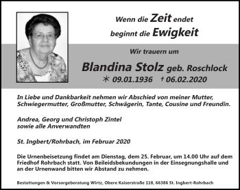 Todesanzeige von Blandina Stolz von saarbruecker_zeitung