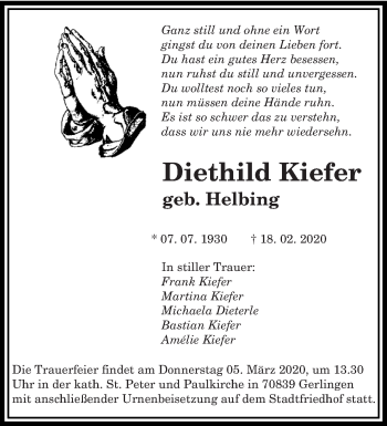 Todesanzeige von Diethild Kiefer von saarbruecker_zeitung