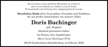 Todesanzeige von Doris Buchfinger von saarbruecker_zeitung