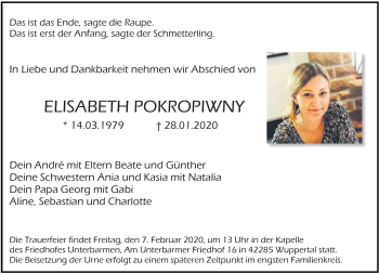 Todesanzeige von Elisabeth Pokropiwny von saarbruecker_zeitung