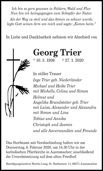 Todesanzeige von Georg Trier von saarbruecker_zeitung