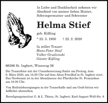 Todesanzeige von Helma Stief von saarbruecker_zeitung