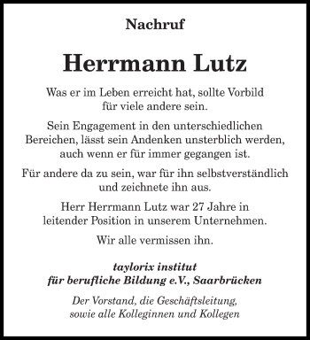 Todesanzeige von Herrmann Lutz von saarbruecker_zeitung