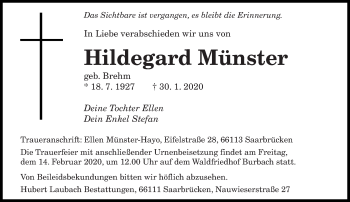 Todesanzeige von Hildegard Münster von saarbruecker_zeitung