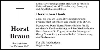 Todesanzeige von Horst Braun von saarbruecker_zeitung