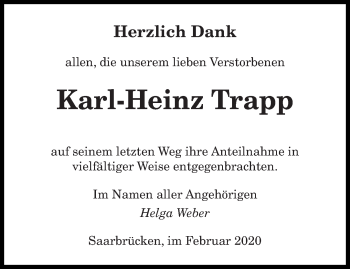 Todesanzeige von Karl-Heinz Trapp von saarbruecker_zeitung