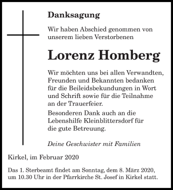 Todesanzeige von Lorenz Homberg von saarbruecker_zeitung