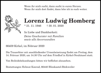 Todesanzeige von Lorenz Ludwig Homberg von saarbruecker_zeitung