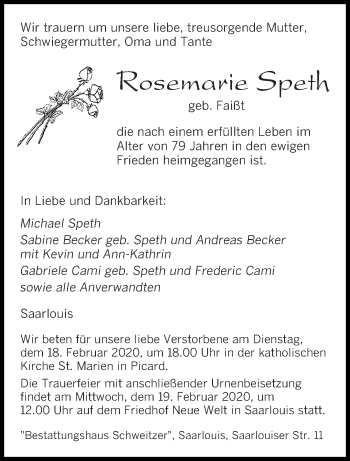 Todesanzeige von Rosemarie Speth von saarbruecker_zeitung