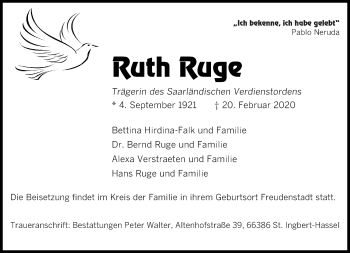 Todesanzeige von Ruth Ruge von saarbruecker_zeitung