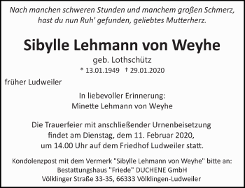 Todesanzeige von Sibylle  Lehmann von Weyhe von saarbruecker_zeitung