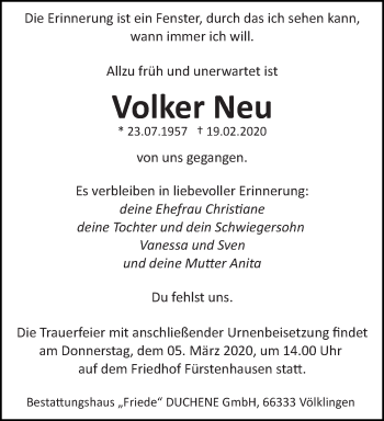 Todesanzeige von Volker Neu von saarbruecker_zeitung