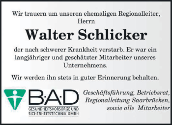 Todesanzeige von Walter Schlicker von saarbruecker_zeitung