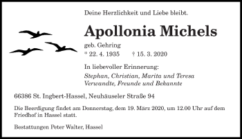 Todesanzeige von Apollonia Michels von saarbruecker_zeitung