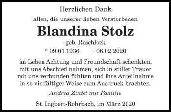 Todesanzeige von Blandina Stolz von saarbruecker_zeitung