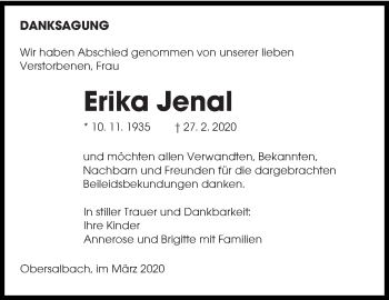 Todesanzeige von Erika Jenal von saarbruecker_zeitung