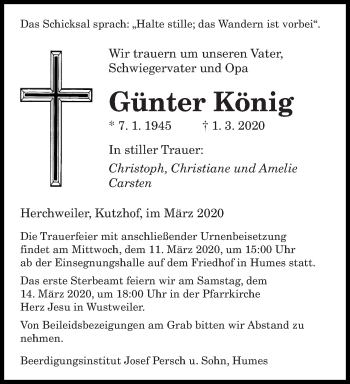 Todesanzeige von Günter König von saarbruecker_zeitung