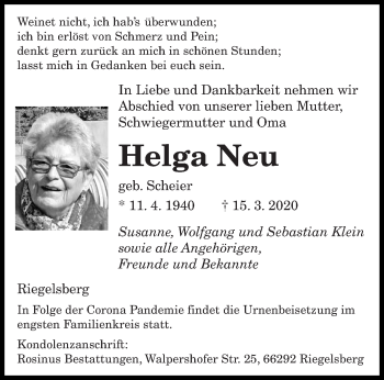 Todesanzeige von Helga Neu von saarbruecker_zeitung