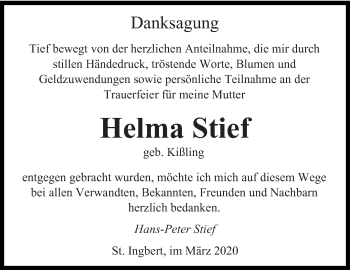 Todesanzeige von Helma Stief von saarbruecker_zeitung