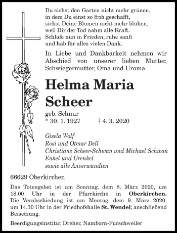 Todesanzeige von Helma Maria Scheer von saarbruecker_zeitung