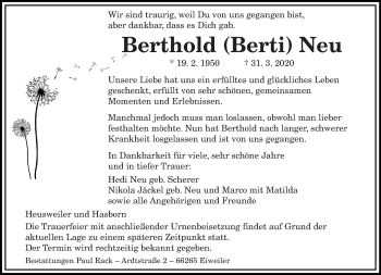 Todesanzeige von Berthold Neu von saarbruecker_zeitung