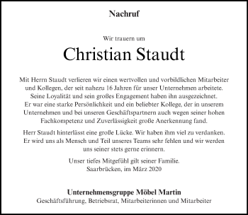 Todesanzeige von Christian Staudt von saarbruecker_zeitung